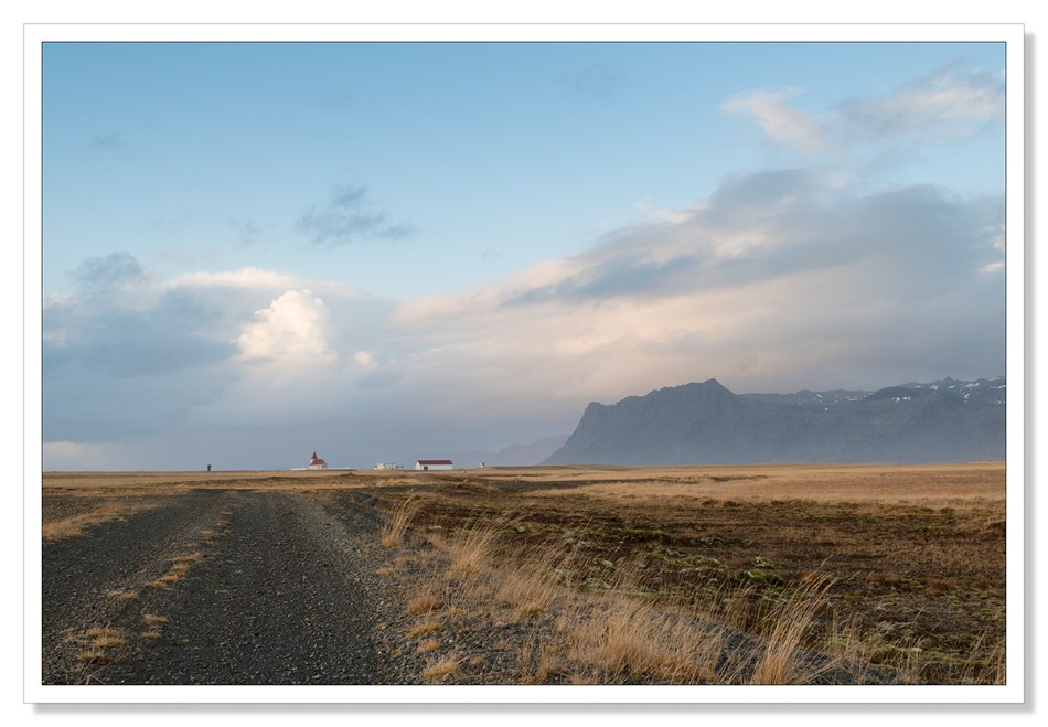 Landscape photograph Fáskrúðarbakkakirkja, church, Iceland, mountains, waiting for the light 